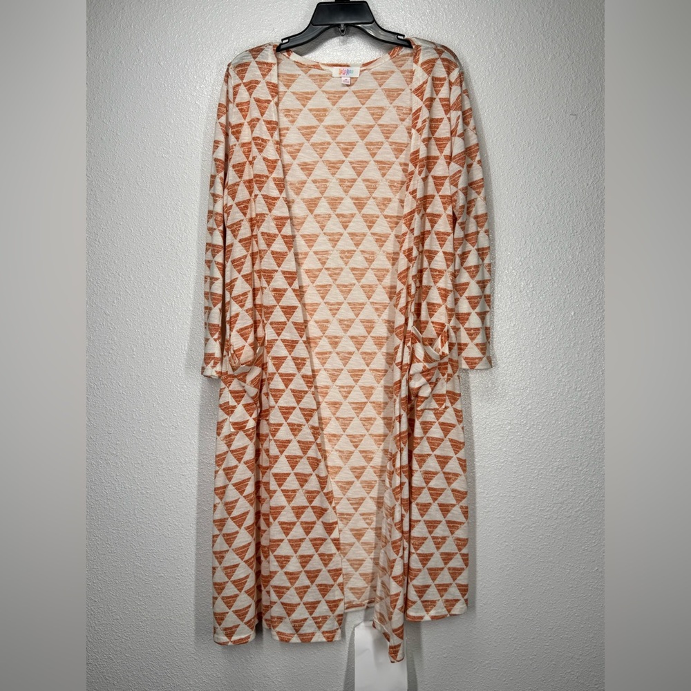LulaRoe Maxi Open Front Cardigan Medium Geometric Patterned Triangles Orange